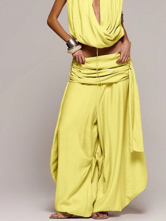 Pants - Yellow Casual Women's Low Rise Textured Wide Leg Trousers
